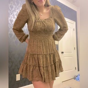 Cute, cheetah square neck ruffle long sleeve dress